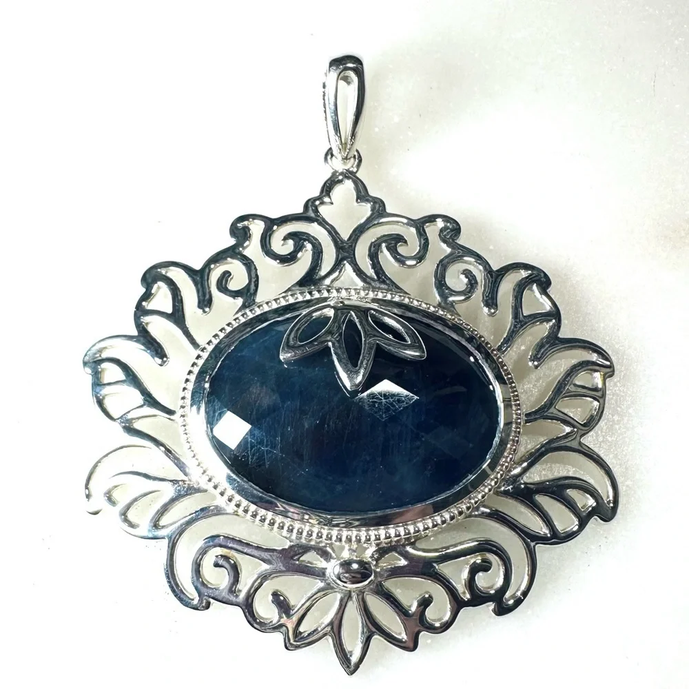 Faceted Oval Rose-cut Fancy Blue Sodalite Solid Sterling Silver Pendant